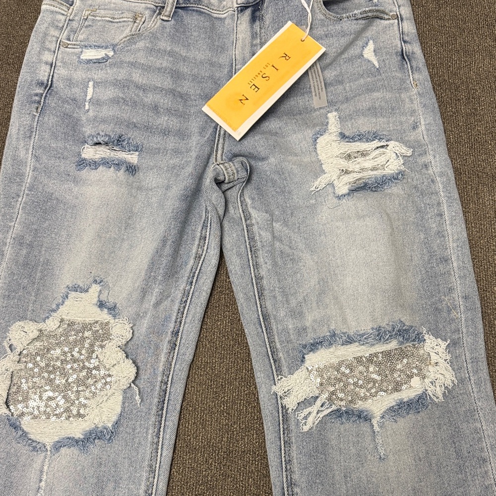 Women's Risen Los Angeles Distressed Light Blue Jeans with silver sequins. NWT